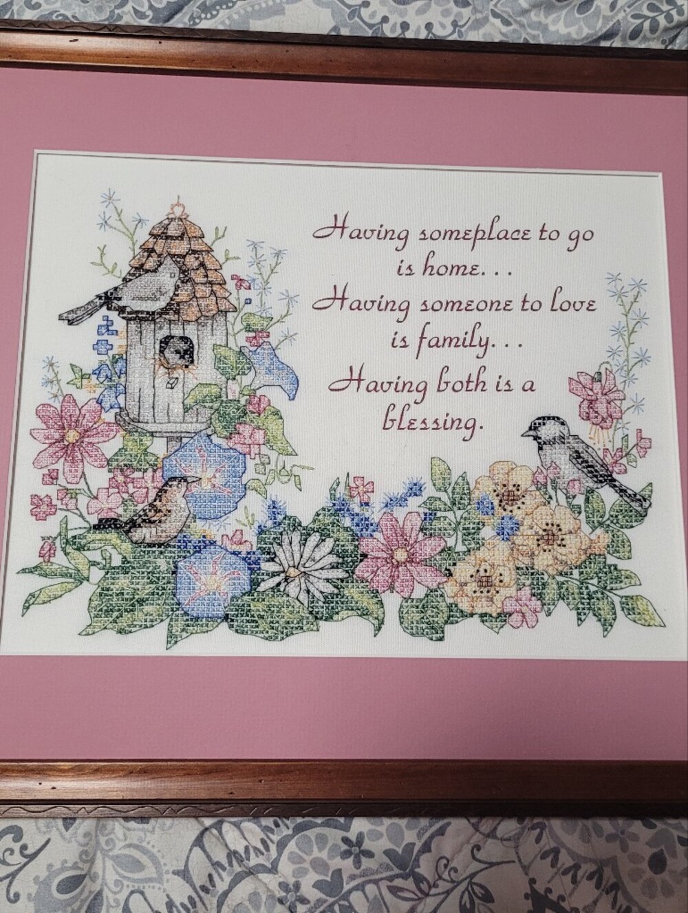 Framed Floral Bird Cross-Stitch Wall Art - Pink Mat